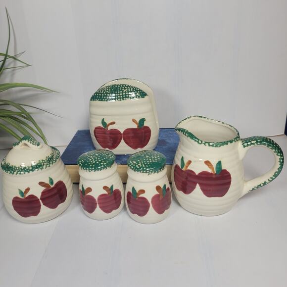 Vintage Alco Apple Garden Set Salt Pepper Shakers, Napkin Holder, Sugar Creamer - Picture 2 of 9